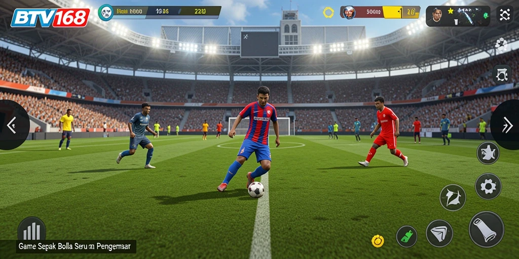 Screenshot BTV168 menampilkan aksi intens di lapangan sepak bola.