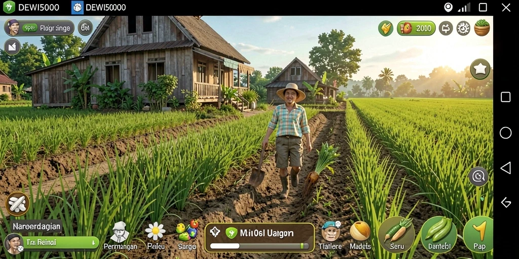 Tampilan gameplay DEWI5000 dengan lahan pertanian yang subur.
