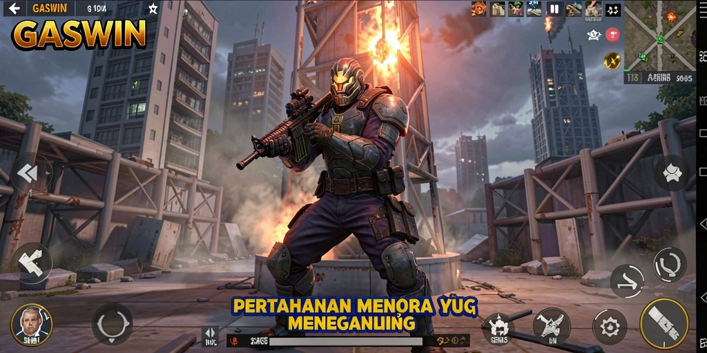 Screenshot gameplay GASWIN menunjukkan pertahanan menara yang strategis.