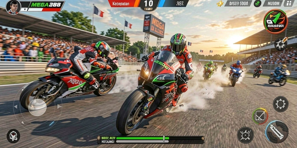 Screenshot utama MEGA288 menampilkan aksi balapan motor yang mengesankan.