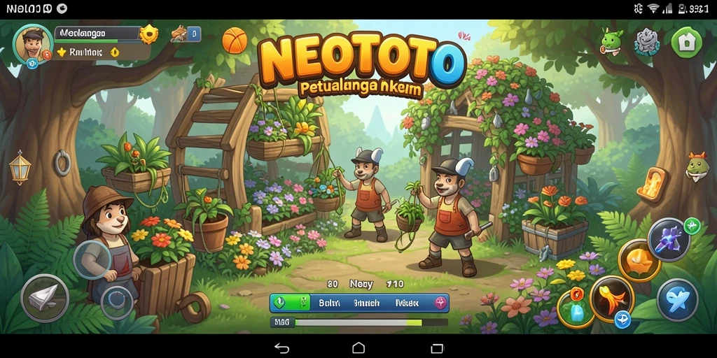 Tampilan gameplay NEOTOTO dengan ladang yang subur dan berwarna-warni.
