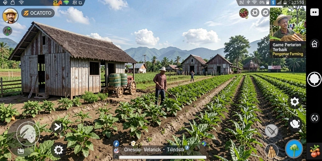 Screenshot utama OCATOTO menampilkan aktivitas bermain dengan lahan pertanian subur dan hewan ternak.