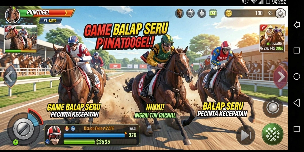 Screenshot gameplay PIONTOGEL dengan aksi balap seru dan mobil cepat.