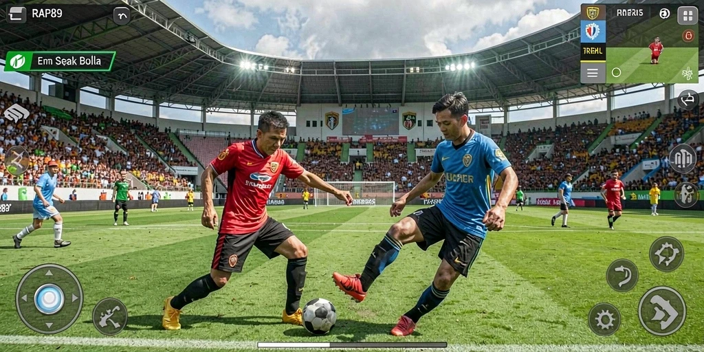 Screenshot utama menunjukkan aksi seru di lapangan dalam game sepak bola.