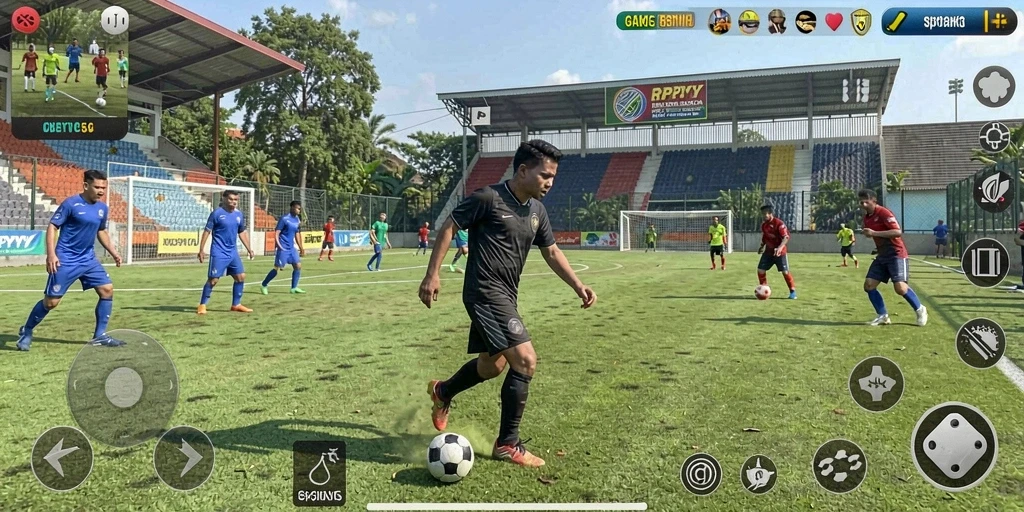 Tangkapan layar gameplay RPYYY yang menampilkan aksi seru di lapangan olahraga.
